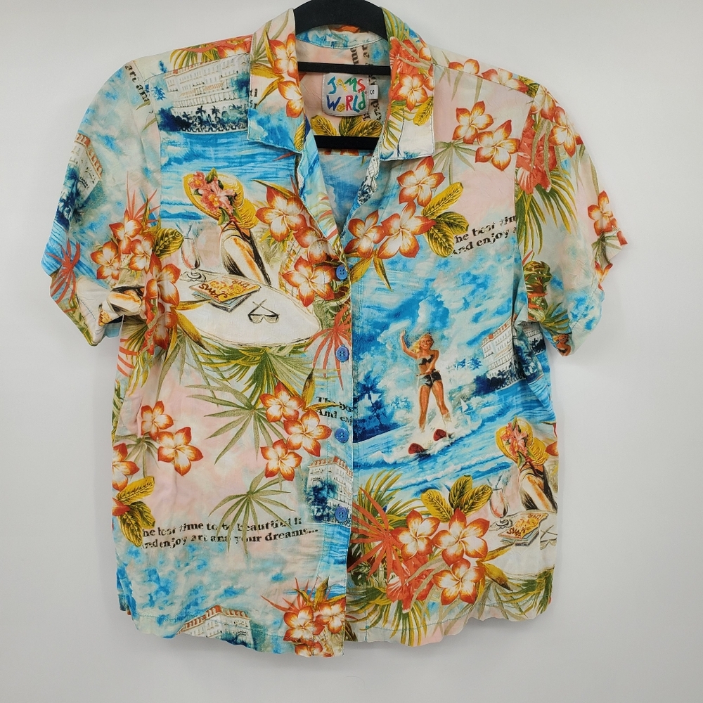 ♡♡ Jams World Womens Vintage Love Letter Print Hawaiian Shirt Size Small